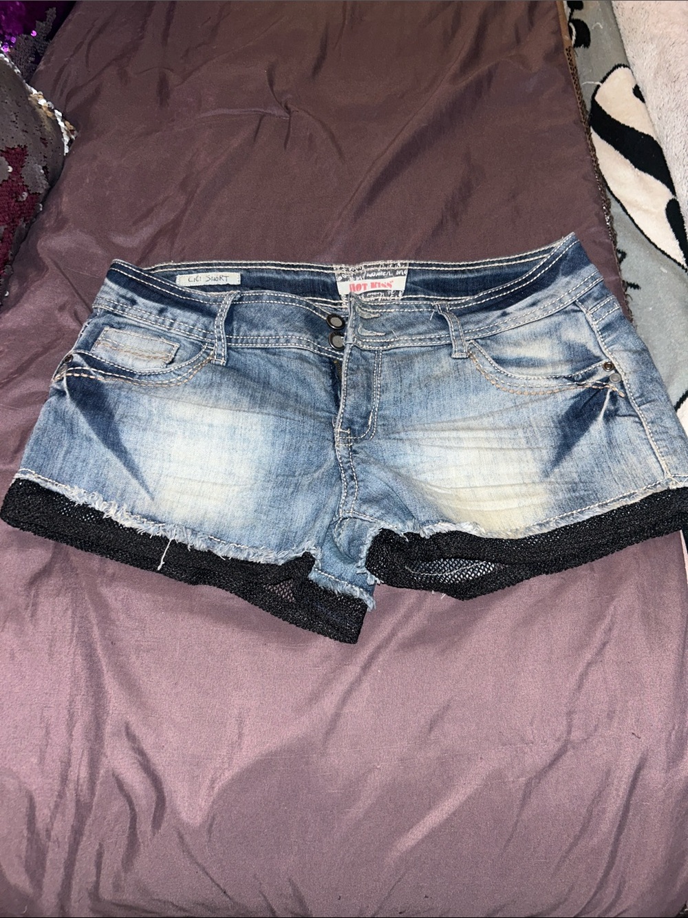 Hot Kiss Blue Denim Shorts with Black Lace Trim